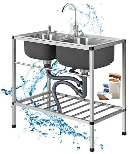 Fregadero Independiente De Acero Inox 2 Senos, Fregadero De Cocina Comercial Con Grifo, Fregadero Exterior, Fregadero Industrial Para Cocina, Garaje, Restaurante, Jardín, 75*40*76cm(72*38cm/28.3*14.9i