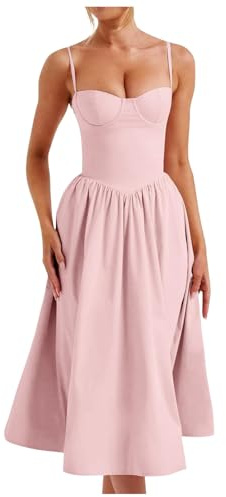 2025 - Abito corsetto da donna, con spalline e buster, abito midi, corsetto fluente con orlo plissettato Abito a maniche lunghe da donna estate, Colore: rosa., M