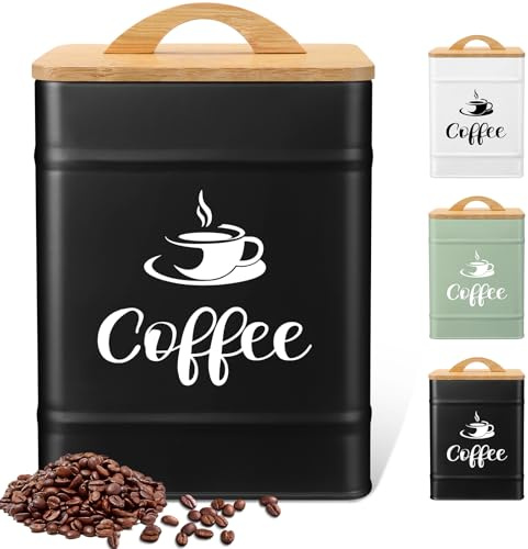 Maxdot 40 oz Black Airtight Coffee Canister Large Iron Farmhouse Container with Wooden Bamboo Lid Tea Storage Kitchen Countertop Container for Coffee Grounds Beans Pods