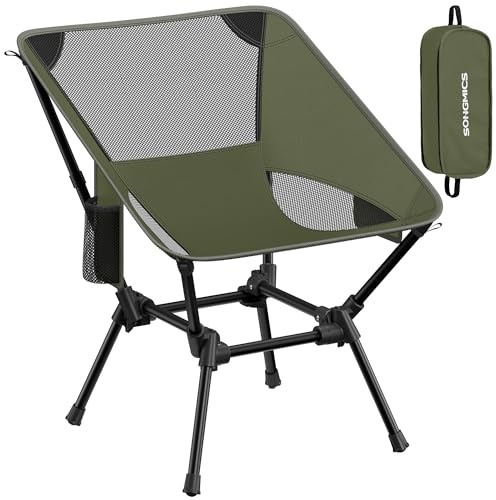SONGMICS Silla de Camping con Respaldo Bajo, Silla de Exterior Plegable de Altura Ajustable, Marco de Acero, Carga de 150 kg, con 2 Bolsillos, para Viajes, Verde GCB050CZ01