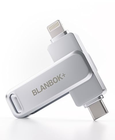 BLANBOK+ MFi Certificazione 128GB Chiavetta USB per iPhone, MFi Certified, Chiavetta USB 3-in-1 Lightning e Type-C con adattatore USB 3.0 Memoria esterna per iPhone, telefono, Android, PC/Pad