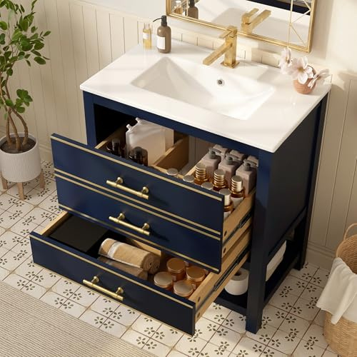 Gecheer Mobile sottolavabo, Mobile Bagno con lavabo Ceramica, 2 cassetti, vano Aperto, Maniglie Dorate, 76 cm, per Arredamento Bagno Moderno e Funzionale