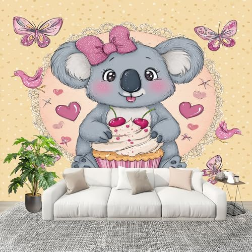Mural Papel Pintado 3D 300x210 cm Lindo Caricatura Animal Koala Mariposa Fotomurales Tejido No Tejido Antiarrugas Póster Amarillo PáLido Murales Fotográfico Moderno Decoración de Paredes