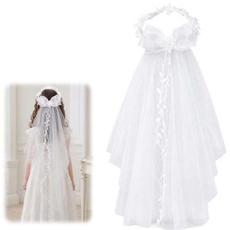 Coroncina comunione bambina bianca con velo per matrimonio e cerimonia | Accessorio leggero in tessuto e tulle con perle e fiocco misura 18 x 85 cm per comunione matrimonio damigella e cerimonie