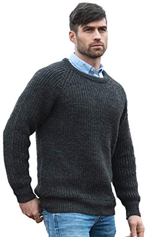 Aran Crafts Men's Fisherman Irish Rib Crew Neck Wool Sweater (C761-LARGE-CHAR) Charcoal