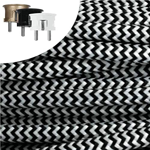Textilkabel, Stoffkabel, Verlängerung 3 METER Farbe Schwarz/Weiß ZickZack3 adrig 3 x 0,75 mm² rund wahlweise mit Schukostecker (3 mtr. Schukostecker Rund gold)