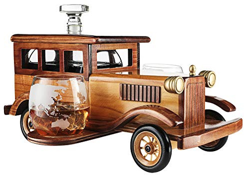 Old Fashioned Car Whiskey Decanter Set, Very Large 15 x 13 x 7 750ml Decanter Spigot, and 2-10oz Whiskey Tumbler Old Fashion Glasses, Old Fashioned Vintage Car, Limited Edition, Great Bar Gift!