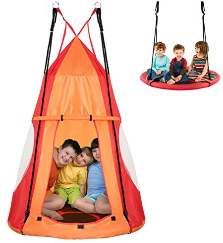 HONEY JOY Kids Hanging Chair Swing Tent, 2-in-1 40 Inch Hammock Tree Swing Seat & Detachable Play Tent, Max Capacity 330 LBS, Outdoor Indoor Nest Pod Play House for Boys/Girls (Orange)