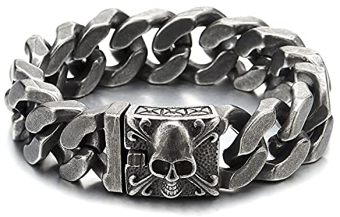 COOLSTEELANDBEYOND Großes Edelstahl Panzerkette Armband Herren mit Fleur de Lis und Schädel, Biker Gotik, Poliert