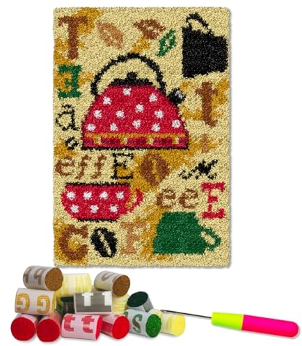 DL-YTG Latch Hook Kits Rug Coffee Crochet Yarn Cushion Colour Pre-Printed Canvas Cover Rug Needlework DIY Hook and Latch Kit Christmas Home Decoration 52x38cm/20 X15inch