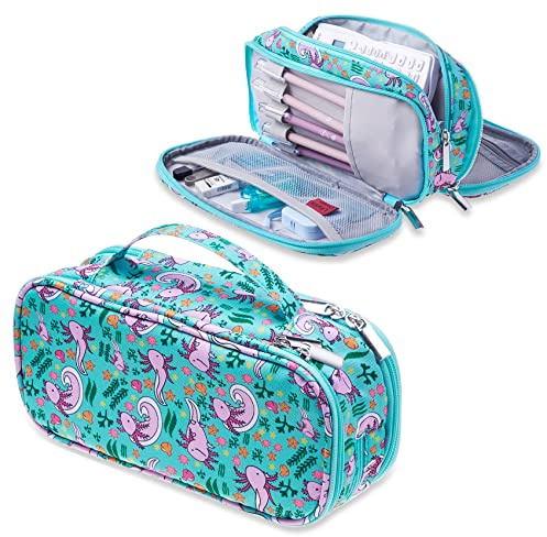LParkin Axolotl Pencil Case Super Large Capacity 3 Compartments Canvas Pencil Box Kawaii Makeup Bag Cute Axolotl Gifts for Students Teen Boys Girls