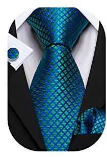 Barry.Wang Tie Set Plaid Man Necktie Stripe Tie Check Silk Cufflinks Handkerchief (Teal) …