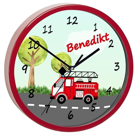 CreaDesign, Wanduhr Kinder personalisiert mit Name, Motiv Feuerwehr Landschaft, Rahmen Wanduhr rot, Ø 19,5 cm
