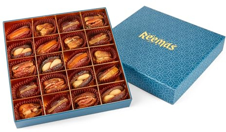 Stuffed Dates Celebration Gift Box 20 Pcs | REEMAS GOURMET | Premium Medjool Mabroom Dates Filled with Fruit & Nuts | Hazelnut Pecan Cashew Orange Ginger | Vegan