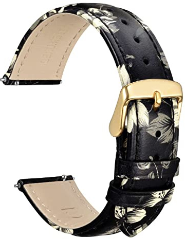 WOCCI 22mm Blumen Uhrenarmband für Damen, Echtes Leder, Schnellverschluss, Goldener Schnalle (Asche Blüht)