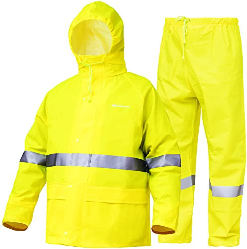 WCBDUT Tuta antipioggia per uomo e donna, pesante, impermeabile, impermeabile (giacca + pantaloni), set con cappuccio antivento, abbigliamento da lavoro, Fluorescenza., S