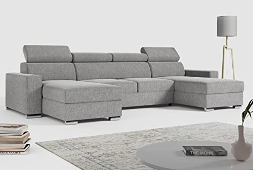 MKS MEBLE Sofa U Form mit Schlaffunktion - Wohnlandschaft XXL, Couch mit Bettkasten - Fox U Hellgrau Matana