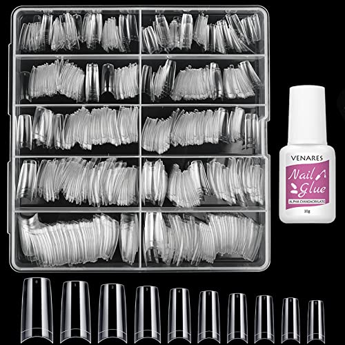 Nageltips für Gelnägel, Venares 500 Stücke Acryl Künstliche Nägel 10 Größen Nageltips mit Kleber, Acryl Künstliche Nagelspitzen Set (Transparent)