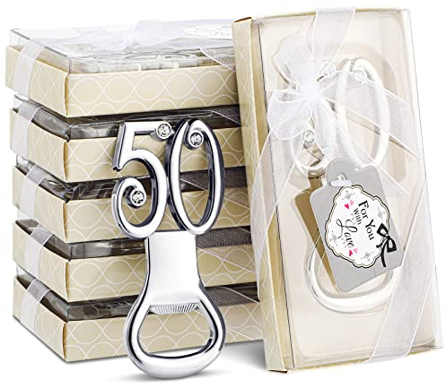 Uiifan 50 Pcs Silver Bottle Opener Set Birthday Party Favors for Guests with For You Tags Wine Beer Opener Birthday Wedding Party Decorations Anniversaries Souvenirs Keepsake Gifts (50th)