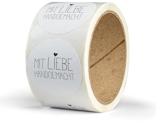 Aufkleber Mit Liebe handgemacht – 50 Stück – rund, Ø 4 cm – als Sticker oder Etiketten für Hochzeit, Weihnachten, Einschulung – handmade, Marmeladengläser, Kerzen - WEISS