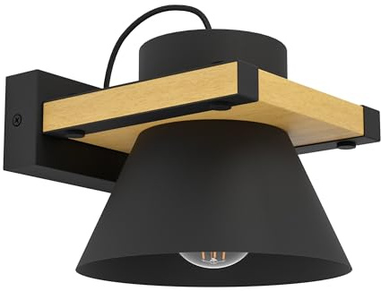 EGLO Wandlampe Maccles, Wandleuchte für innen, FSC100HB | Flurlampe aus schwarzem Metall und natürlichem Holz, Lampe für Wand und Decke, E27 Fassung