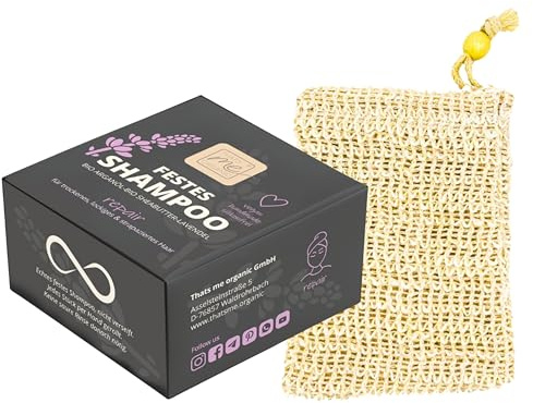 Thats me Organic Festes Shampoo „repair“ (Sparset mit Seifensäckchen) für trockenes, lockiges & strapaziertes Haar – Handgemacht mit Anti-Frizz Effekt – Ergiebiger Shampoo Bar