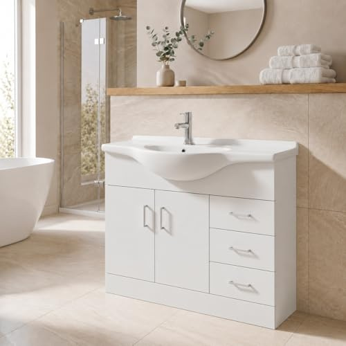 Affine® 1050mm Vanity Unit Basin Sink Bathroom Storage Cabinet Cupboard Freestanding, Single Tap Hole Ceramic Wash Basins, Soft Close Doors & Drawers, White Gloss