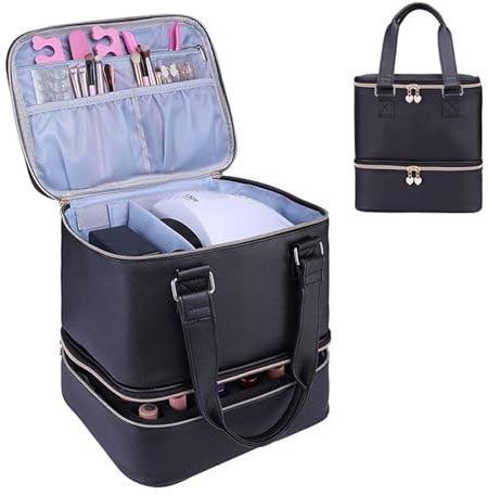 Organizador de esmalte de uñas de doble capa, contiene 30 botellas y una lámpara, soporte portátil con separadores ajustables para uñas, color negro, Negro , Modo