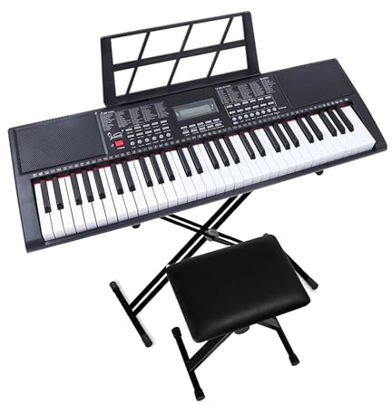 LEADZM Clavier Piano 61 Touches, Piano Numérique avec Support de Clavier, Banc de Piano, Pupitre, Casque, Microphone, Écran LED, 200 timbres, 200 rythmes ainsi que 60 morceaux de démonstration
