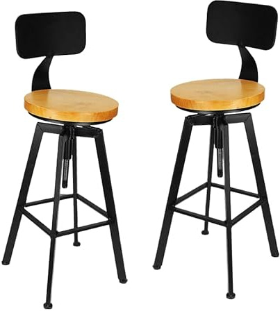 Barhocker 2er Set mit Rückenlehne, höhenverstellbar 64-84 cm, Holz & Metall, Retro Industrial Küchenhocker für Bar, Esszimmer & Home Bar, stabil & bequem