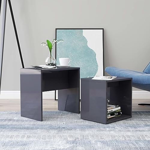 Tidyard Coffee Table Set, Nest of 2 Side Tables Bedside Tables Morden Sofa Table, for Living Room, Bedroom or Office High Gloss Grey 48x30x45 cm Chipboard