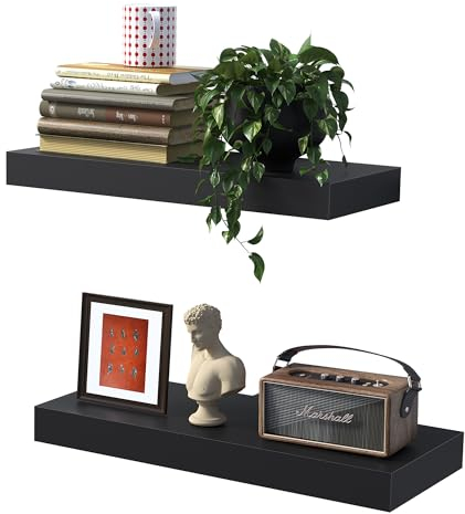 BONTEC Schwebende Regale für die Wand, 40,6 cm, stabile Badezimmer-Wandregale, einfache Installation, minimalistisches Design, hält je 10 kg, Schwarz, 2 Stück