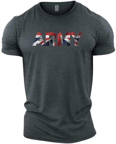 GYMTIER Army UK Flag - Men's Gym T-Shirt - Bodybuilding Workout Top, Dark Heather, M