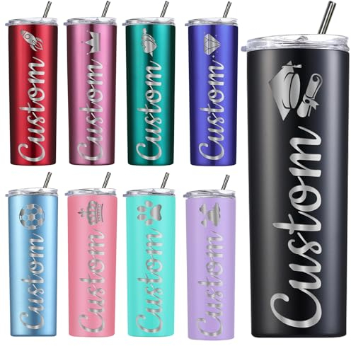 Bicchiere personalizzato - Nome inciso al laser con nome Bicchieri in acciaio inossidabile da 20 once Bicchieri sottili con coperchi e cannucce per regali per donne e uomini - 13 colori e 42 icone