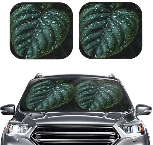 Pare-soleil pliable pour pare-brise de voiture - Gouttes de pluie sur les feuilles - Pare-soleil pliable pour la plupart des berlines, SUV, camions, accessoires de voiture - Taille S
