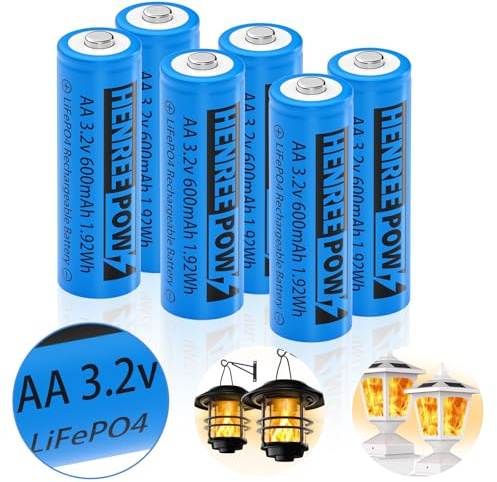 Henreepow AA 3.2v Solar Rechargeable Batteries, LiFePo4 Double A 600mAh 3.2v 1.92wh Solar Battery, 3.2v Rechargeable Batteries for Solar Lights, Wall Lantern, Solar Post Lights（AA-3.2v-6pack）
