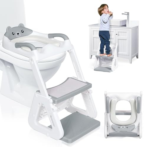 Orzbow Toilettensitz Kinder mit Treppe, Stabil Kinder Toilettensitz mit Dreiecksstruktur, Verlängerter Pedal- und Spritzschutz und Wasserdichtes PVC-Polster, Rutschfest und Faltbar, Grau