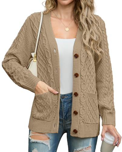 GRECERELLE Cárdigans para Mujer de Punto Aran Cable Manga Larga Abotonados Oversize Jersey Cárdigan de Punto para Señoras con Bolsillos para Invierno Otoño Primavera, caqui, L