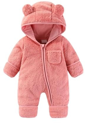 Fairy Baby Baby Snowsuit, Newborn Baby Bear Hooded Footed Romper Fleece Snowsuit Cartoon Flannel Zipper Jumpsuit Fall Winter Outfits Pink 59CM0-3 Months