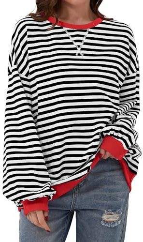 Chicrise Sweatshirt dam överdimensionerad randig färgblock långärmad tröja stickad rund urringning toppar lös, Svart-vit-röd randig, M
