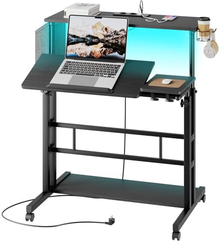 Dripex Stehpult Höhenverstellbar mit Steckdosen, Sitz-Steh Schreibtisch mit Rollen, LED Stehtisch mit neigbar Tischplatte, 80x60cm Laptoptisch Workstation für Zuhause und Büro, Schwarz