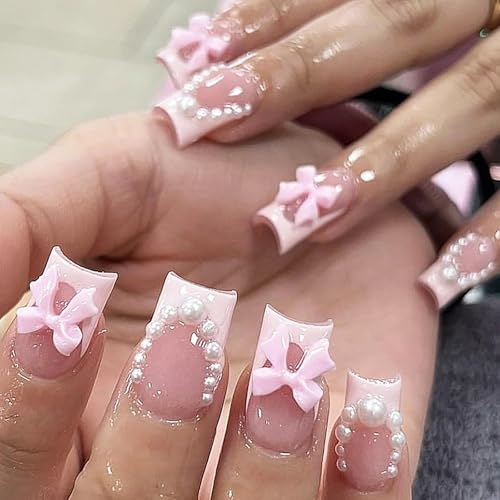24-pack Short Square Pink French Press-on Nails with Thick Full Enclosure Adhesive and Beautiful Pearl Bow Designs - False Nails, Stick-on Nails, Medium Length