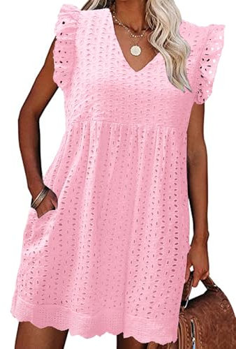 heekpek Sommerkleid Damen Kurz Baumwolle Kleider Sommer V-Ausschnitt Minikleid Leicht Luftige Sommerkleider Freizeitkleid Strandkleid mit Rüschen Ärmeln und Taschen, Hellrosa, M