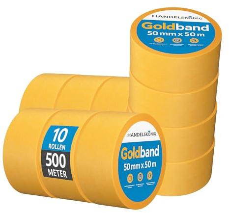 Handelskönig 10x Goldband Malerkrepp Kreppband Malerband 50 mm x 50 m Abdeckband Malertape Klebeband Washi Tape Gold Papiertape Selbstklebend
