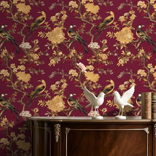 ReWallpaper Red and Gold Floral Wallpaper Self Adhesive 44.5CMx7M Vintage Bird Wallpaper for Living Room Red Decorative Sticky Back Plastic Patterned Waterproof Wallpapers Bathroom
