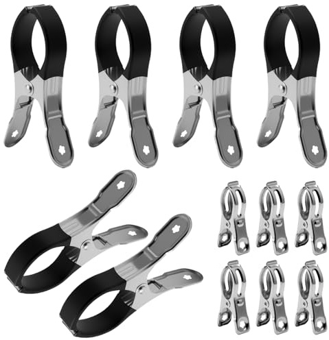 12 Stück Wäscheklammern Groß Edelstahl, Handtuchklammern für Strandliegen mit Schutzhülle,Strandtuch Clips Metallklammern für Wäsche, Strandtuch und Dicke Kleidung