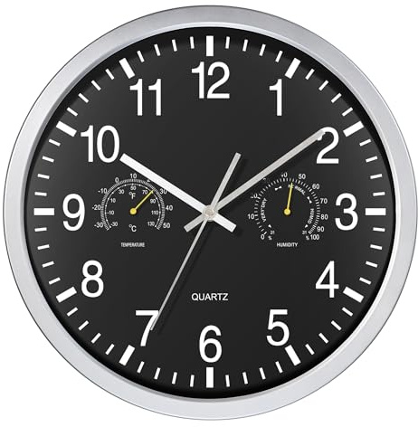 AYRELY® 14-Inch Large Silent Wall Clock with Temperature & Humidity Display – Battery-Operated Decorative Clock for Kitchen, Bedroom or Home (Black)