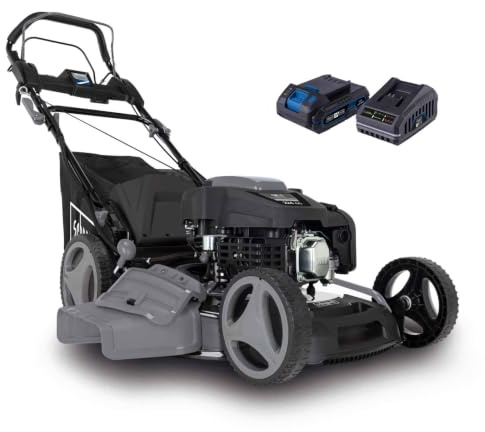 Scheppach Benzin-Rasenmäher PML530-225E Black | 53 cm Schnittbreite | Elektrostart & Radantrieb | Hubraum 224cm³ | 1800 m² | Schnitthöhenverstellung 25 – 75 mm | inkl. 2Ah Akku und Ladegerät