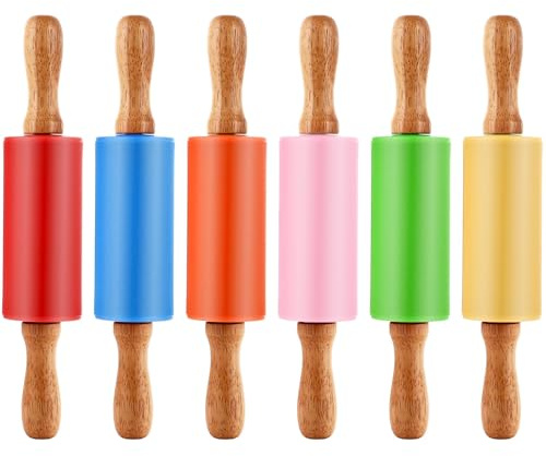 LOLYSIC 6 Stück Silikon Nudelholz, Mini Nudelholz Kinder, Holzgriff Nudelholz, Silikon Teigroller, Back-Nudelhölzer, Fondant Roller, Teigroller Klein für Küche Backen Pizza Kekse Gebäck Fondant Kinder
