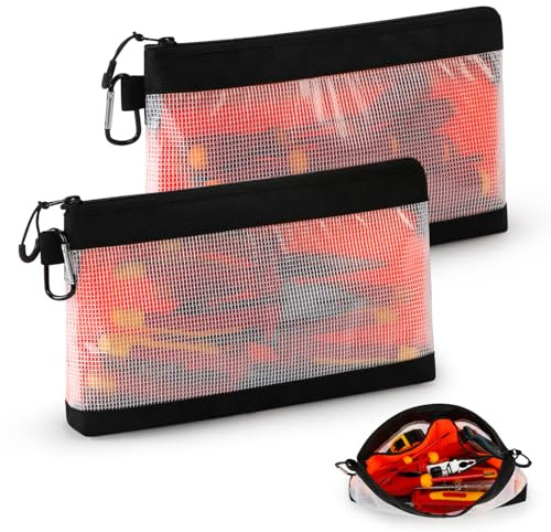 Transparente Werkzeugtasche Klein aus PVC-Mesh & 1680D Oxford | 2er-Set mit Metallhaken, Sichtfenster & Kleinteile Organizer-Fächern für Elektriker/Industrie